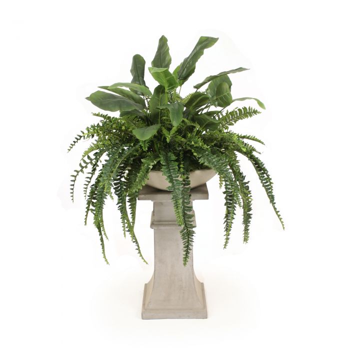 Mixed Greenery with Fern and Bird of Paradise in Bowl with Concrete Pedestal