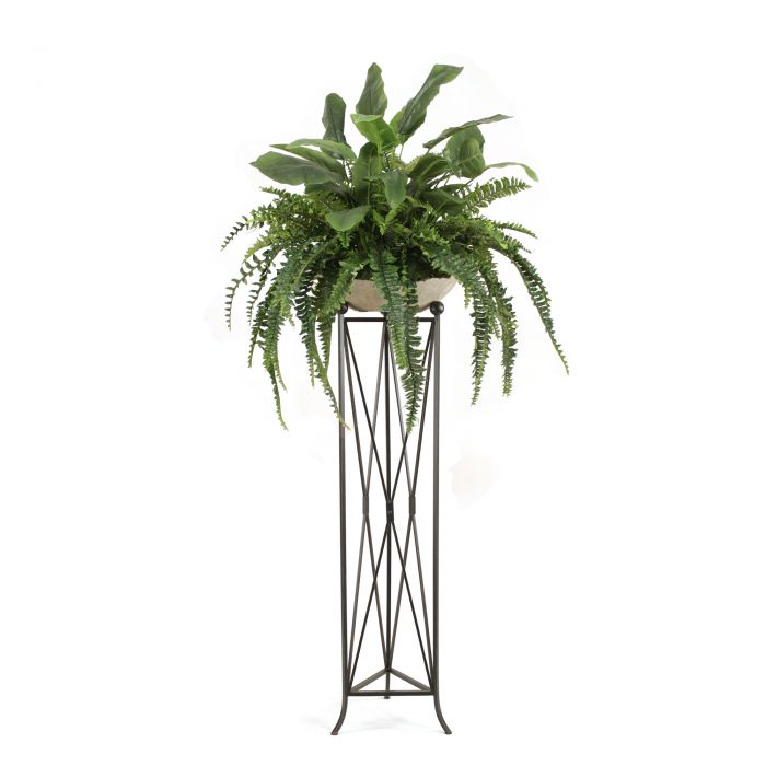 Mixed Greenery with Fern and Bird of Paradise in Bowl with Tall Plant Stand